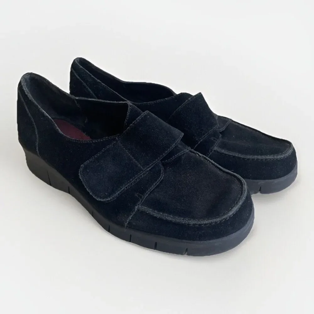 Aerosoles Black Suede Leather Chunky Loafers 8 Womens Cargo Slip Ons Hook & Loop